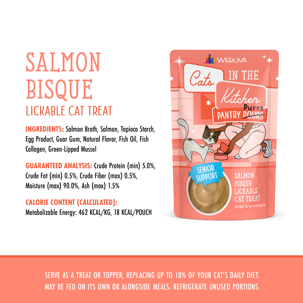 A pouch of Cats in the Kitchen Salmon Bisque with Senior Support is shown, highlighting product details, green-lipped mussel among ingredients, guaranteed analysis, calorie content, and serving suggestions on a white and peach background.