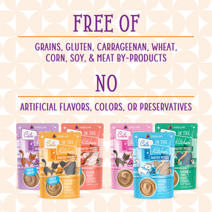 A display of Cats in the Kitchen Salmon Bisque with Senior Support pouches and text stating: “Grain, gluten, carrageenan, wheat, corn & soy free. No meat by-products or artificial flavors—ideal for senior cats.”.