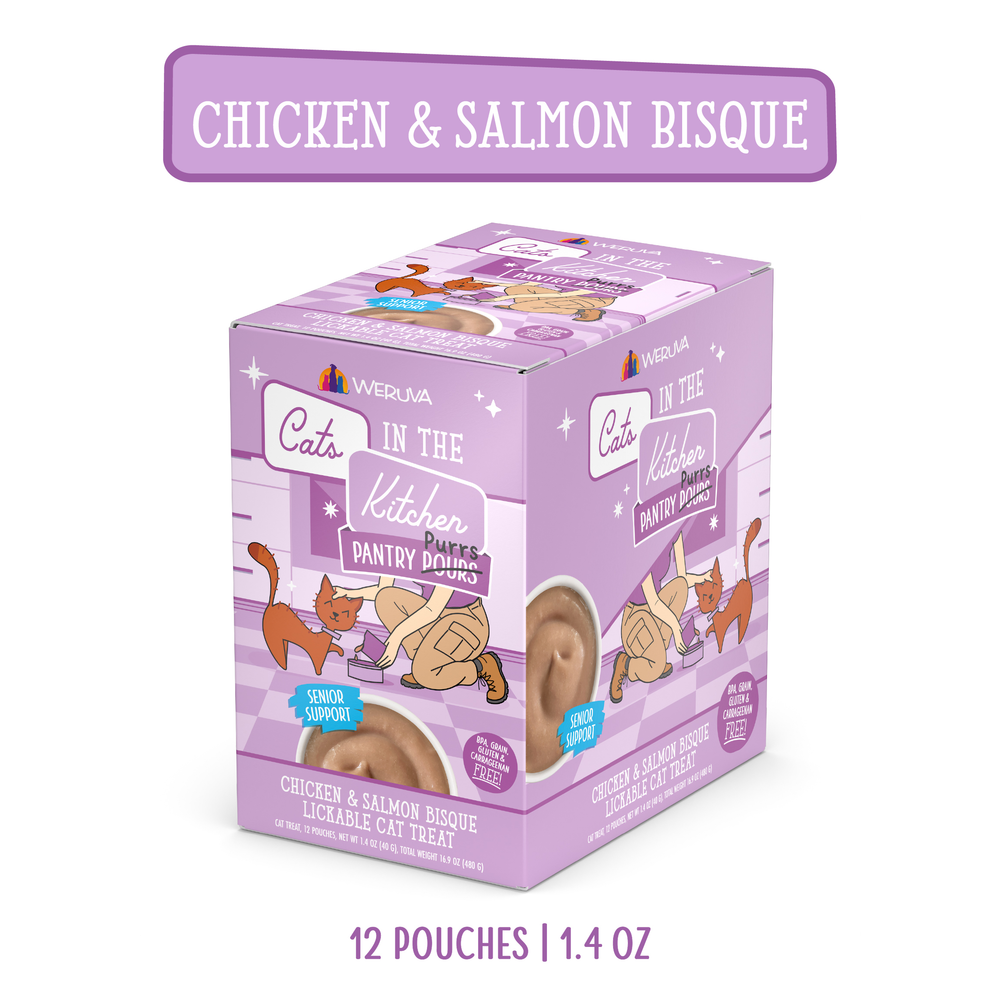 A box of Cats in the Kitchen Chicken & Salmon Bisque with Senior Support features playful cats on a purple background. Includes 12 pouches for senior cats, each 1.4 oz.