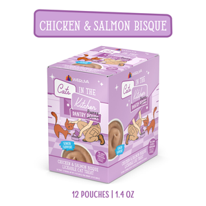 A box of Cats in the Kitchen Chicken & Salmon Bisque with Senior Support features playful cats on a purple background. Includes 12 pouches for senior cats, each 1.4 oz.