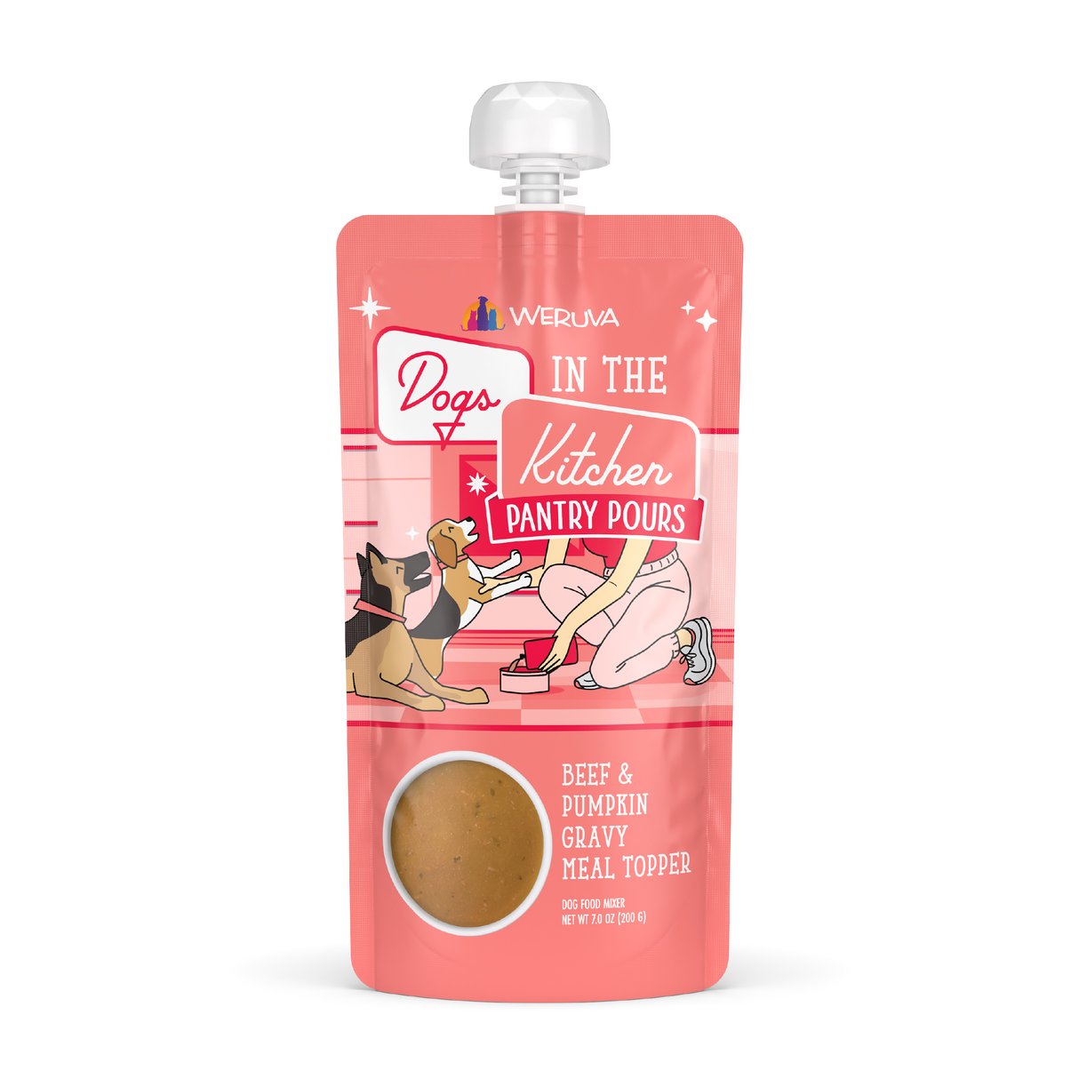 A pouch of Dogs in the Kitchen Beef & Pumpkin Gravy Meal Topper shows a person feeding two happy dogs, with a window displaying the product inside.