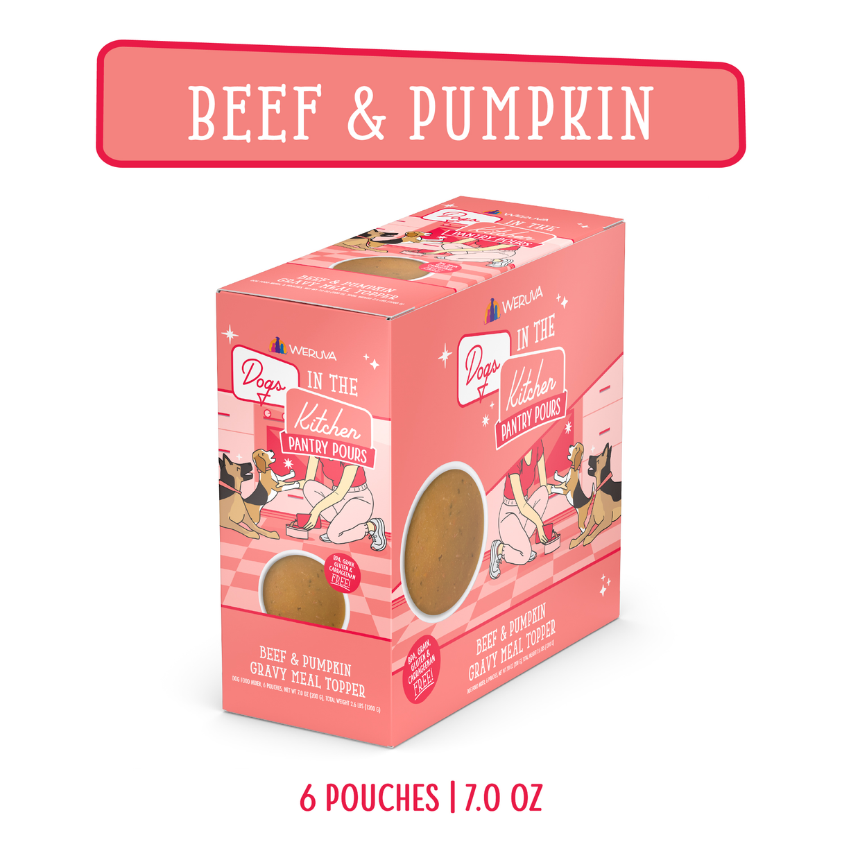 A pink box of Dogs in the Kitchen Beef & Pumpkin Gravy Meal Topper, featuring dogs and people illustrations, contains 6 pouches (7.0 oz) with beef bone broth. Text reads “Beef & Pumpkin.”.