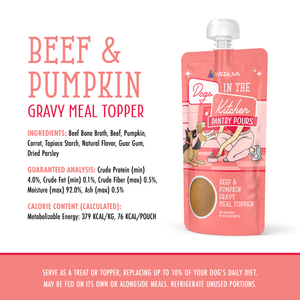 A pouch of Dogs in the Kitchen Beef & Pumpkin Gravy Meal Topper for dogs, made with beef bone broth. Shown with ingredient and nutrition info, suggested use, pantry pour tips, and serving instructions on a white background with red and pink accents.