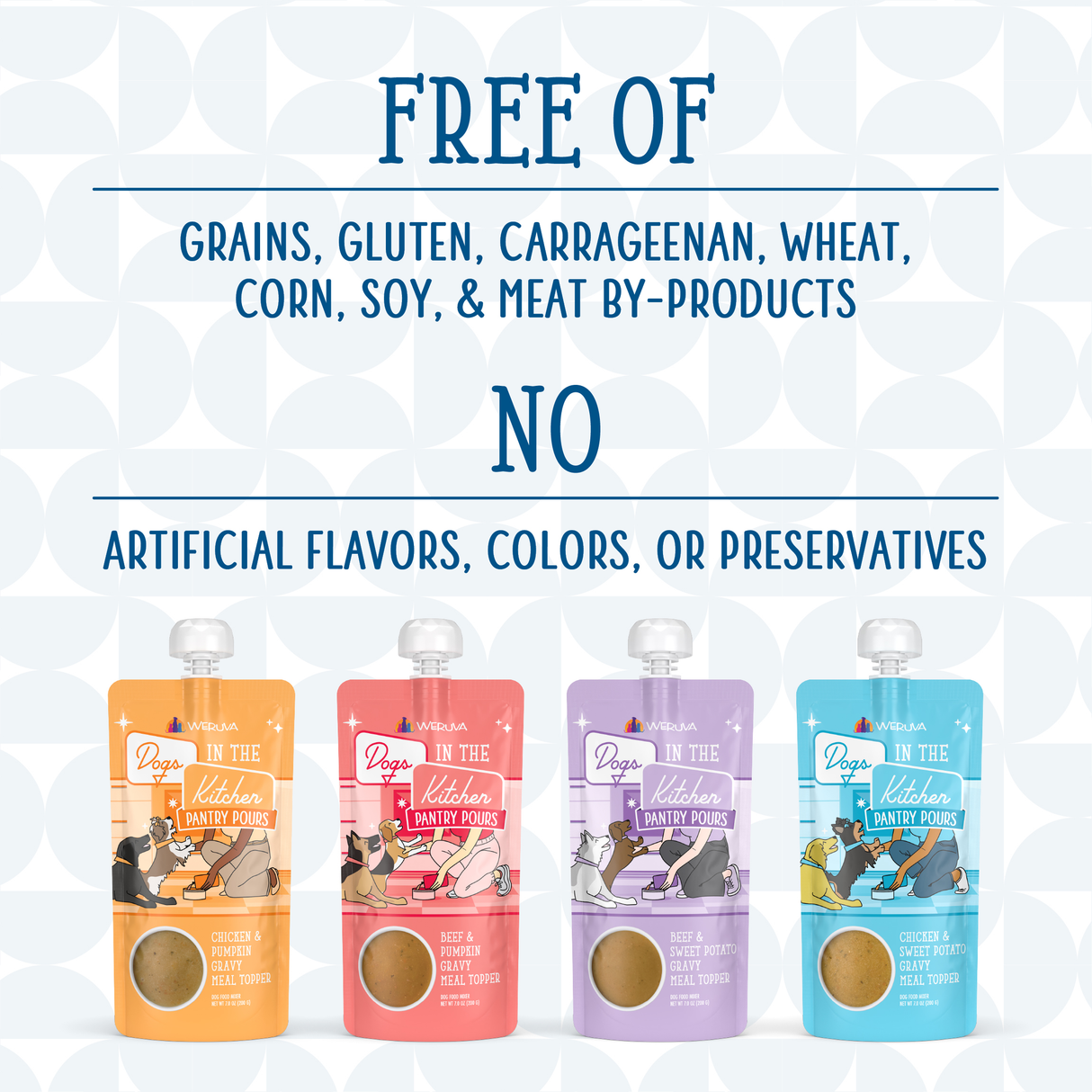 Four colorful pouches of Dogs in the Kitchen Beef & Pumpkin Gravy Meal Topper are shown below text stating they’re free of grains, gluten, carrageenan, wheat, corn, soy, meat by-products, and artificial flavors; made with savory beef bone broth.
