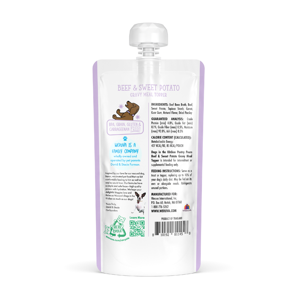 Dogs in the Kitchen's Beef & Sweet Potato Gravy Meal Topper comes in a light purple and white pouch with a spout cap, featuring ingredient details, nutrition info, feeding instructions, and a savory beef bone broth gravy for dogs.