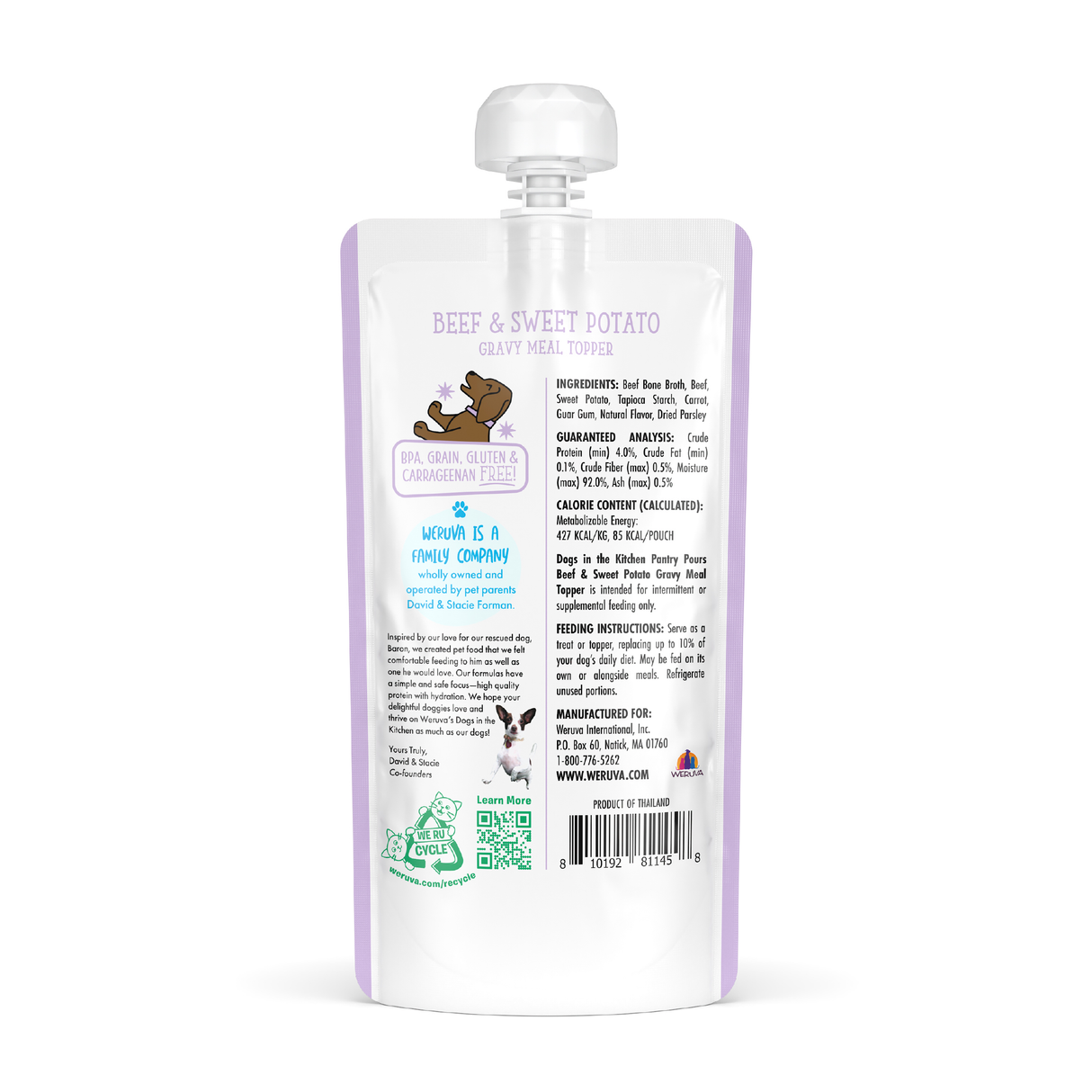 Dogs in the Kitchen's Beef & Sweet Potato Gravy Meal Topper comes in a light purple and white pouch with a spout cap, featuring ingredient details, nutrition info, feeding instructions, and a savory beef bone broth gravy for dogs.