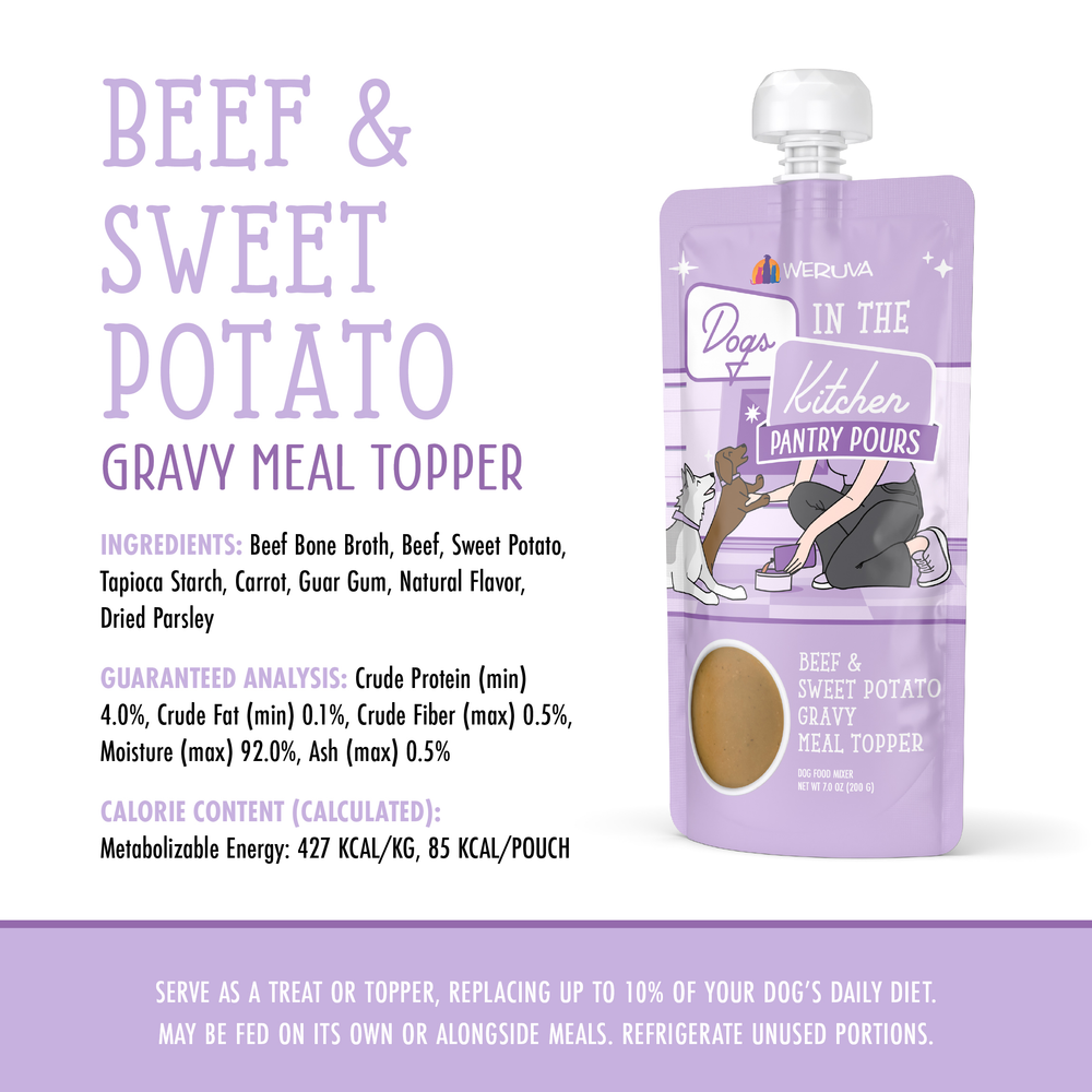 A pouch of Dogs in the Kitchen Beef & Sweet Potato Gravy Meal Topper with ingredient and nutrition info beside it. The pink and gray pouch shows a cartoon dog at the top.