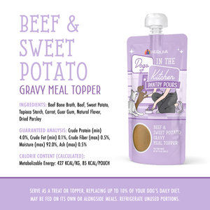 A pouch of Dogs in the Kitchen Beef & Sweet Potato Gravy Meal Topper with ingredient and nutrition info beside it. The pink and gray pouch shows a cartoon dog at the top.