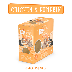 A 6-pack box of Dogs in the Kitchen Chicken & Pumpkin Gravy Meal Topper, each 7.0 oz pouch, features orange packaging with playful dogs and adds delicious chicken bone broth flavor to your pup’s meal.