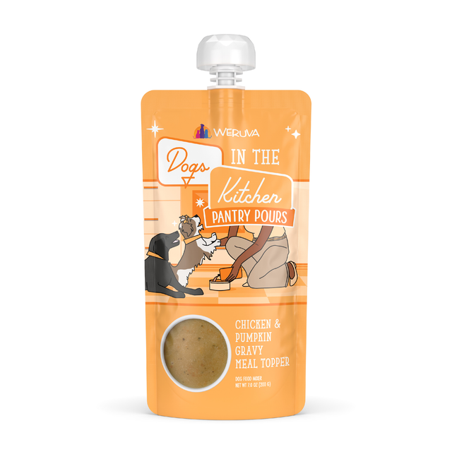 An orange pouch of Dogs in the Kitchen Chicken & Pumpkin Gravy Meal Topper, with an illustration of a person feeding a dog and a clear window showing the savory gravy inside.