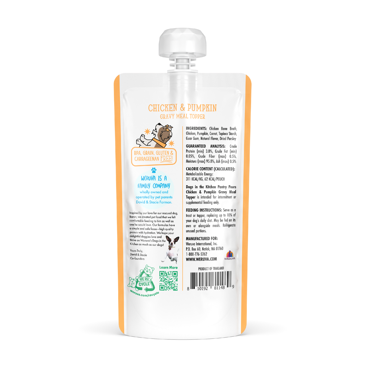 A white pouch of Dogs in the Kitchen Chicken & Pumpkin Gravy Meal Topper for pets, made with rich chicken bone broth. The back features ingredient and nutrition info, feeding guidelines, and company details. Orange accent and top spout included.