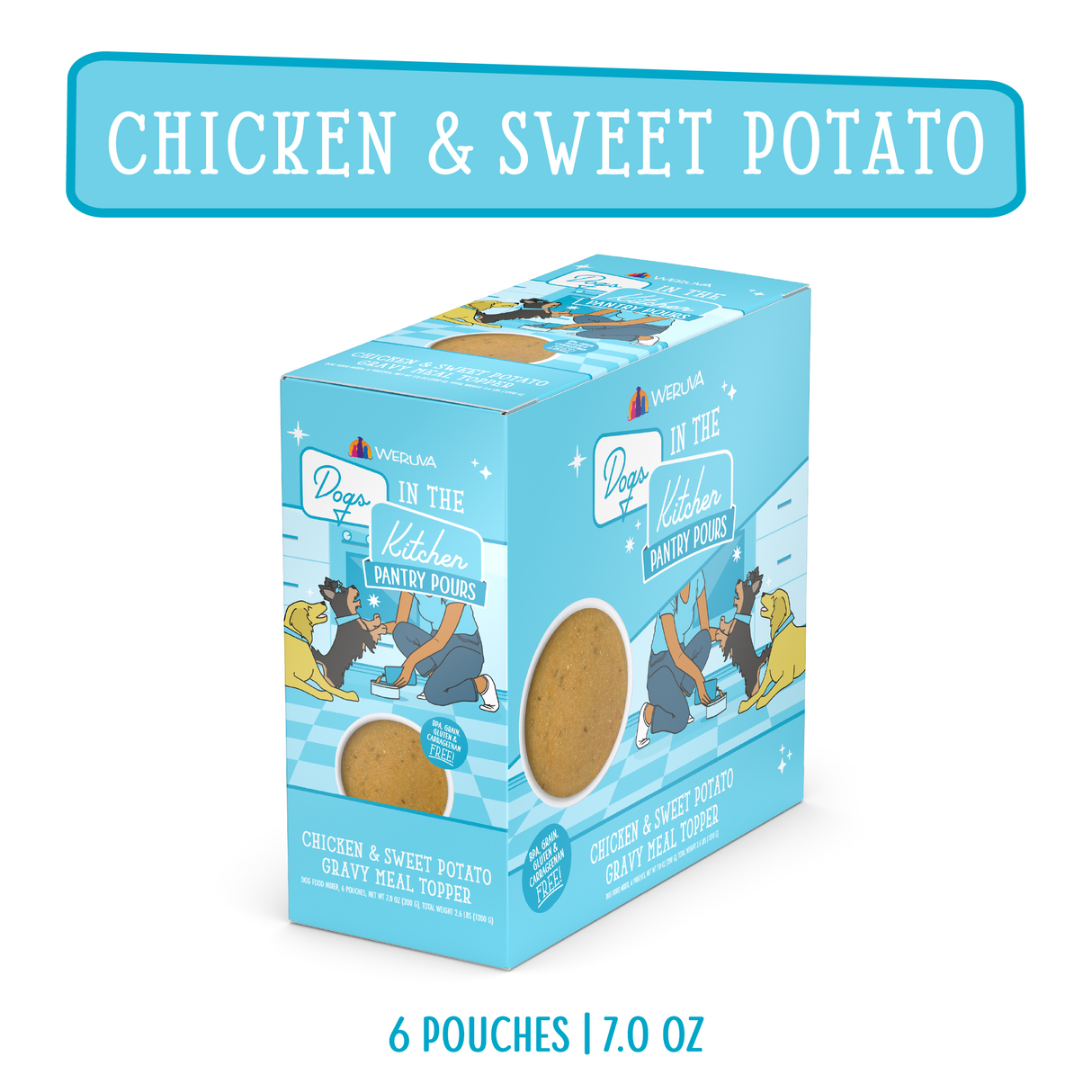 A blue box of Dogs in the Kitchen Chicken & Sweet Potato Gravy Meal Topper contains 6 pouches (7.0 oz total) and features playful dog illustrations.