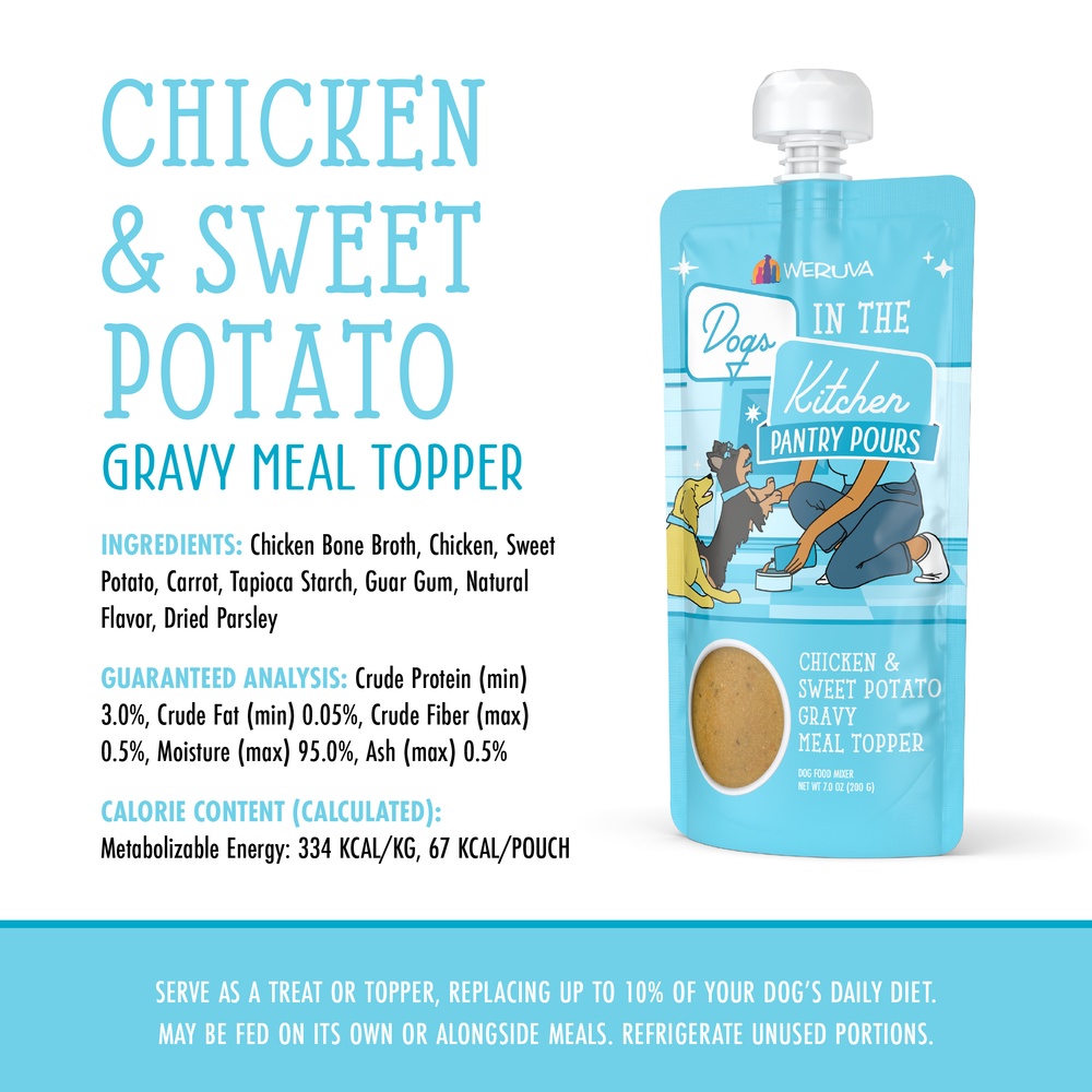 A pouch of Dogs in the Kitchen "Chicken & Sweet Potato Gravy Meal Topper" for dogs, with cartoon dogs and a woman on the packaging. Nutritional info, ingredients, and feeding instructions appear next to the pouch.