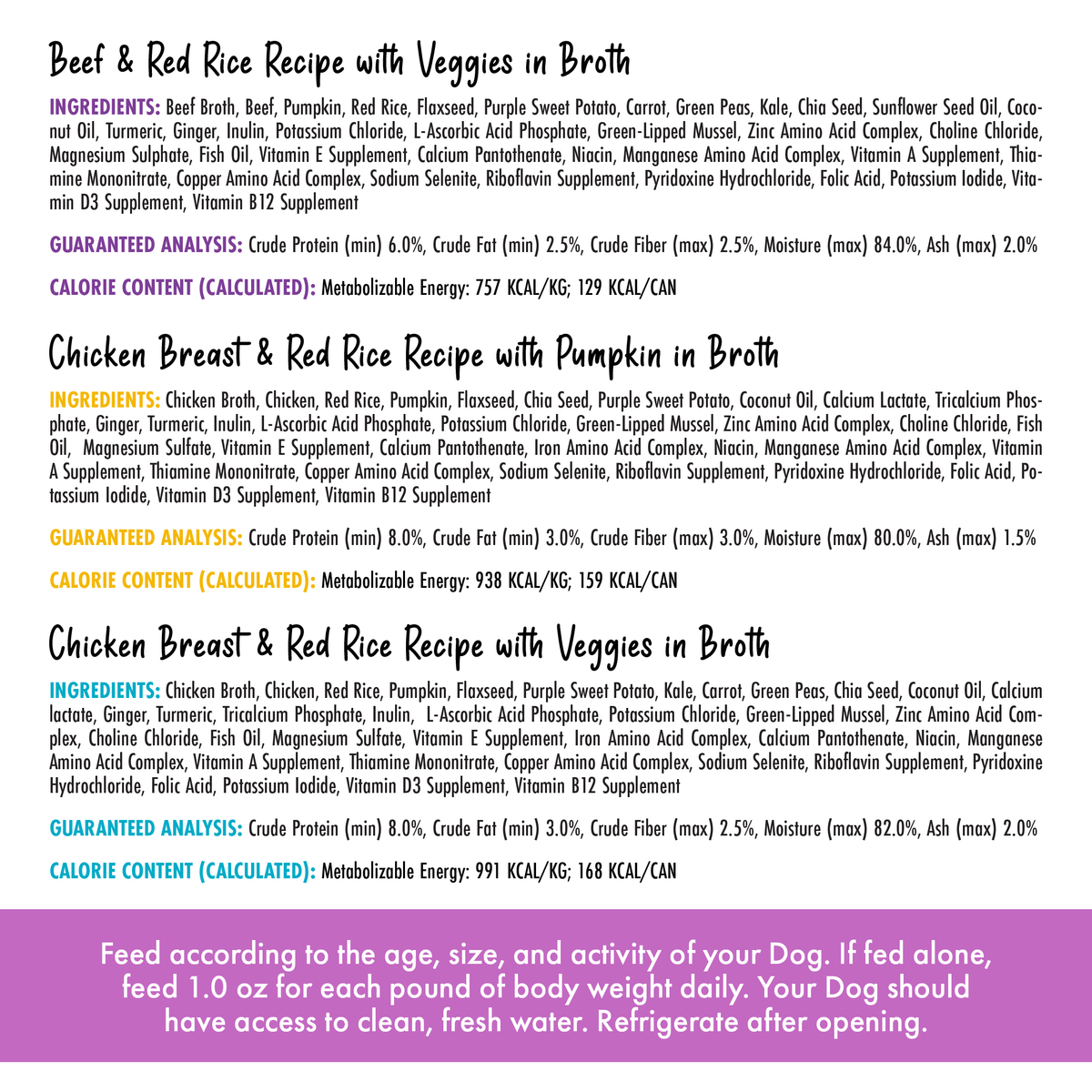A chart with ingredients and nutritional info for three Awesome Everything All The Things recipes, plus feeding instructions, storage tips, and color-coded wellness sections from Awesome Functions.