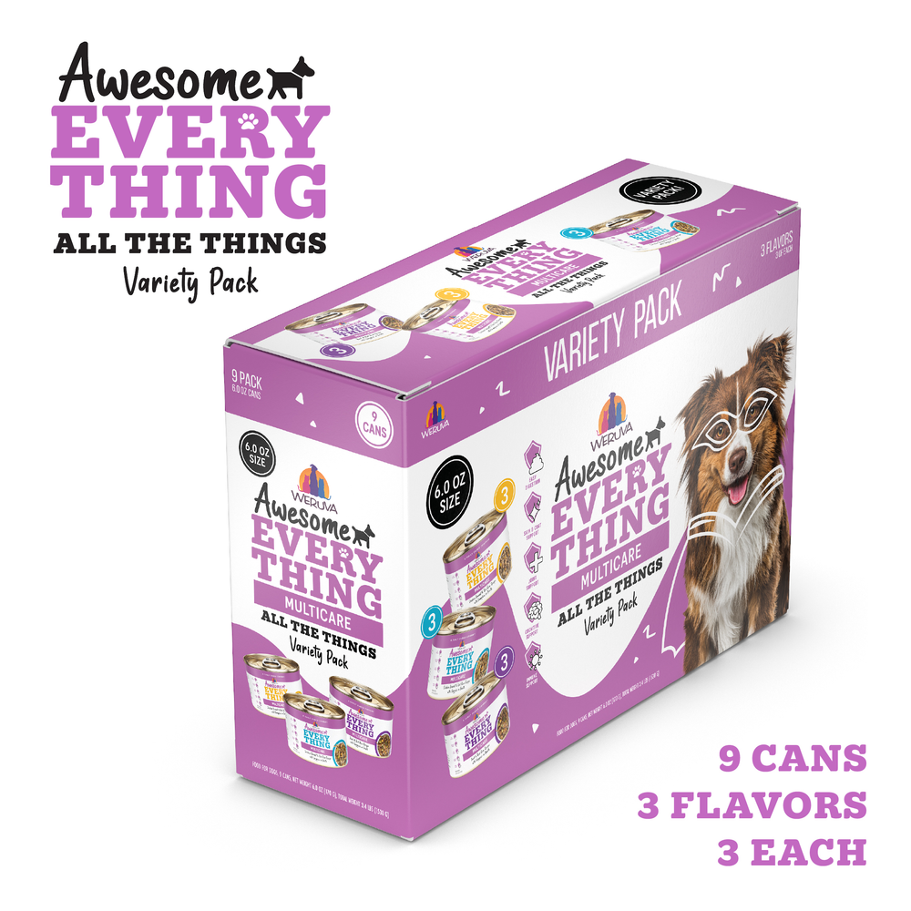 A purple box of Awesome Functions Awesome Everything All The Things dog food variety pack with 9 cans in 3 flavors, highlighting whole body wellness benefits and images of superfoods and a happy dog.
