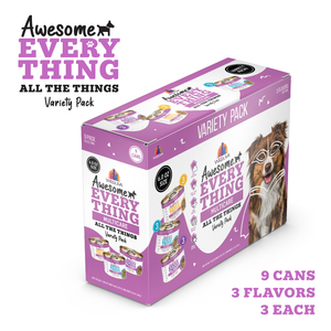 A purple box of Awesome Functions Awesome Everything All The Things dog food variety pack with 9 cans in 3 flavors, highlighting whole body wellness benefits and images of superfoods and a happy dog.