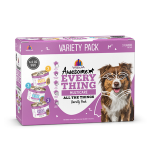 A box of Awesome Functions Awesome Everything All The Things dog food cans, 3 flavors, 6 oz each, with superfoods for whole body wellness. Features a dog drawing on a purple and white package.