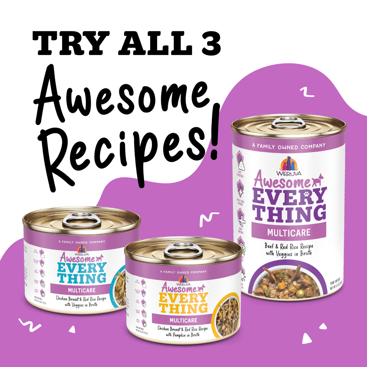 Three cans of Awesome Functions’ Awesome Everything All The Things pet food in various sizes and flavors are displayed, highlighting superfoods for whole body wellness. Text reads Try All 3 Awesome Recipes! on a white background with purple accents.