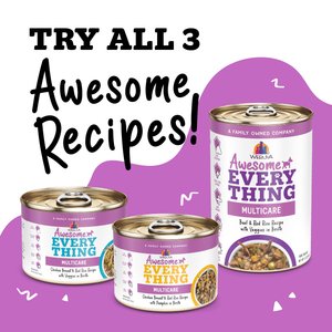 Three cans of Awesome Functions’ Awesome Everything All The Things pet food in various sizes and flavors are displayed, highlighting superfoods for whole body wellness. Text reads Try All 3 Awesome Recipes! on a white background with purple accents.