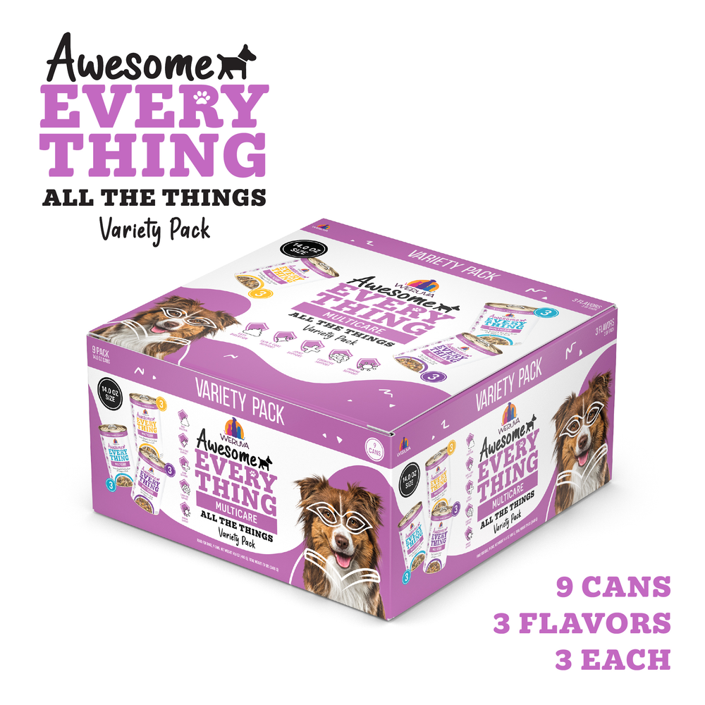 Variety pack box for Awesome Everything All The Things dog food by Awesome Functions, featuring 9 cans, 3 flavors with Australian grass-fed beef, superfoods, and whole body wellness benefits. Cartoon dog with glasses shown.