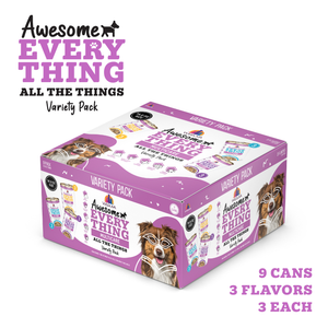 Variety pack box for Awesome Everything All The Things dog food by Awesome Functions, featuring 9 cans, 3 flavors with Australian grass-fed beef, superfoods, and whole body wellness benefits. Cartoon dog with glasses shown.