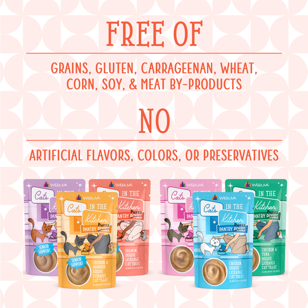 Five packets of Cats in the Kitchen Squeeze Please Variety Pack are displayed, featuring chicken and tuna. These meal toppers contain no grains, gluten, meat by-products, or artificial additives.
