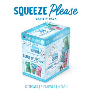 A Cats in the Kitchen Squeeze Please Variety Pack for cats, showing three lickable treats—chicken and tuna flavors—with images of cats, treats, and meal topper info on a white package.