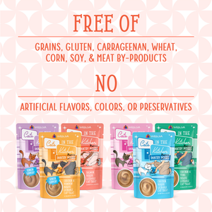 Five pouches of Cats in the Kitchen Taste Party Variety Pack cat food are shown, featuring salmon and chicken bisque for hydration and free from grains, gluten, carrageenan, by-products, or artificial additives.