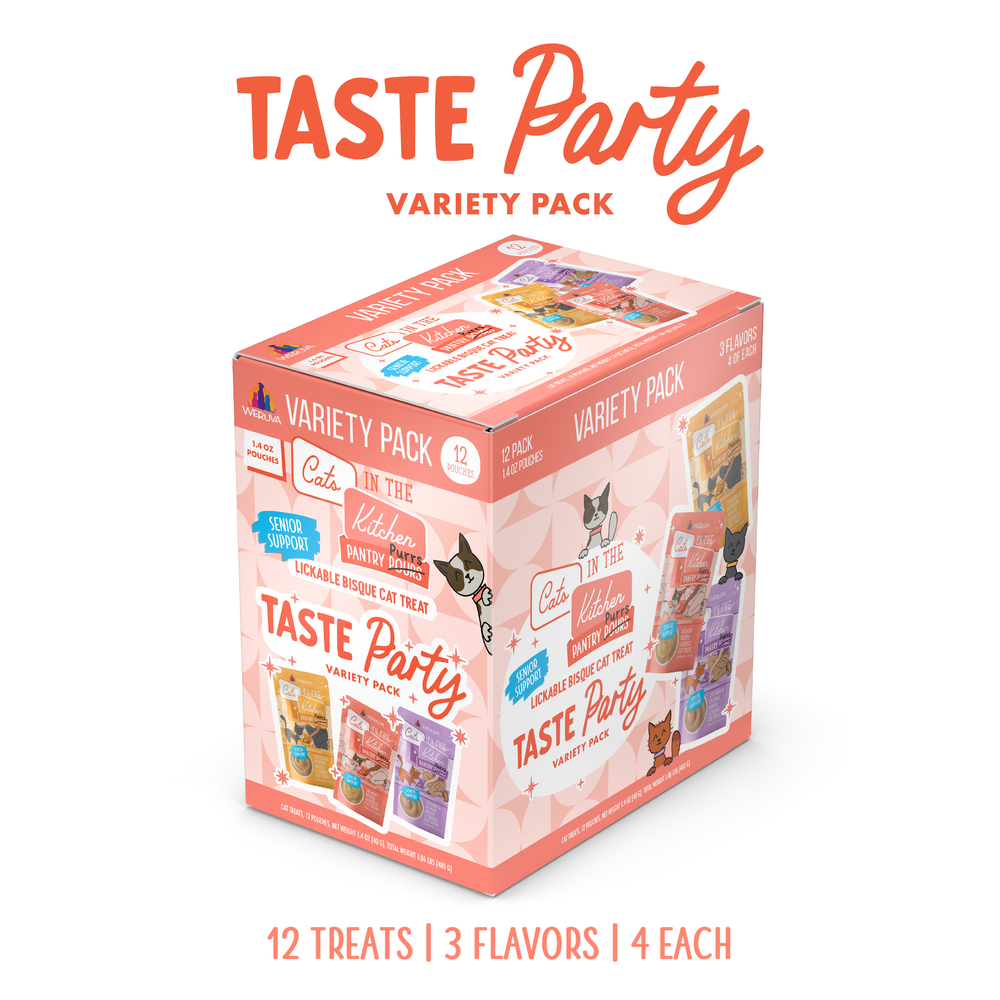 A pink and white box labeled Taste Party Variety Pack by Cats in the Kitchen offers 12 cat treats in 3 flavors, including salmon and chicken bisque. Packaging features playful cats and notes 12 treats | 3 flavors | 4 each.