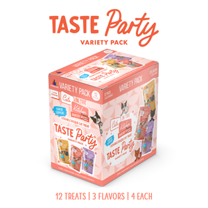 A pink and white box labeled Taste Party Variety Pack by Cats in the Kitchen offers 12 cat treats in 3 flavors, including salmon and chicken bisque. Packaging features playful cats and notes 12 treats | 3 flavors | 4 each.