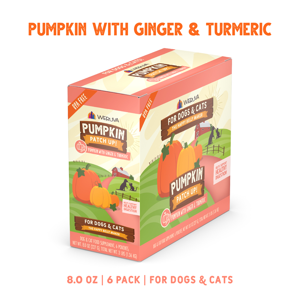 A box of Weruva Pumpkin with Ginger & Turmeric Supplement pouches for dogs and cats, featuring a farm illustration on the packaging.