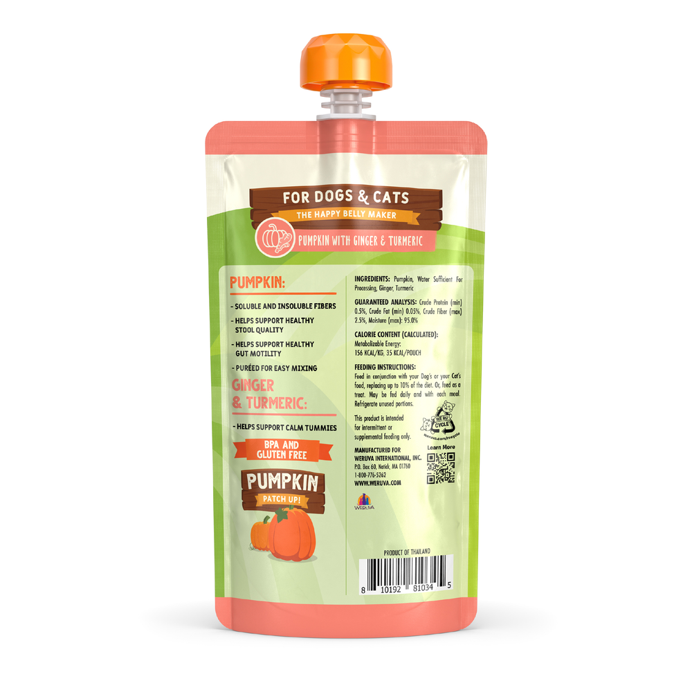 A back-facing Weruva Pumpkin with Ginger & Turmeric Supplement pouch for dogs and cats, showing ingredients, feeding instructions, and a barcode.