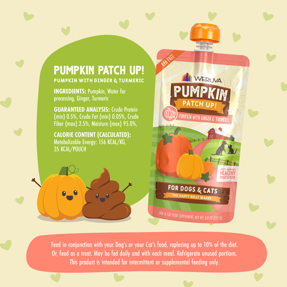 Weruva Pumpkin with Ginger & Turmeric Supplement pouch for dogs and cats, showing ingredients, analysis, and feeding instructions next to illustrations of a smiling pumpkin and a smiling poop emoji.