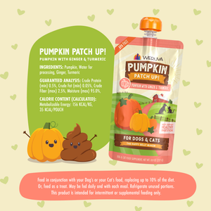 Weruva Pumpkin with Ginger & Turmeric Supplement pouch for dogs and cats, showing ingredients, analysis, and feeding instructions next to illustrations of a smiling pumpkin and a smiling poop emoji.