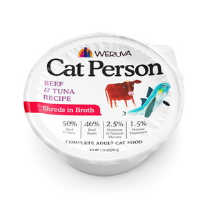 A single-serve cup of Cat Person Beef & Tuna Shreds in Broth featuring illustrations of a cow and a tuna, with beef and tuna shreds in broth.