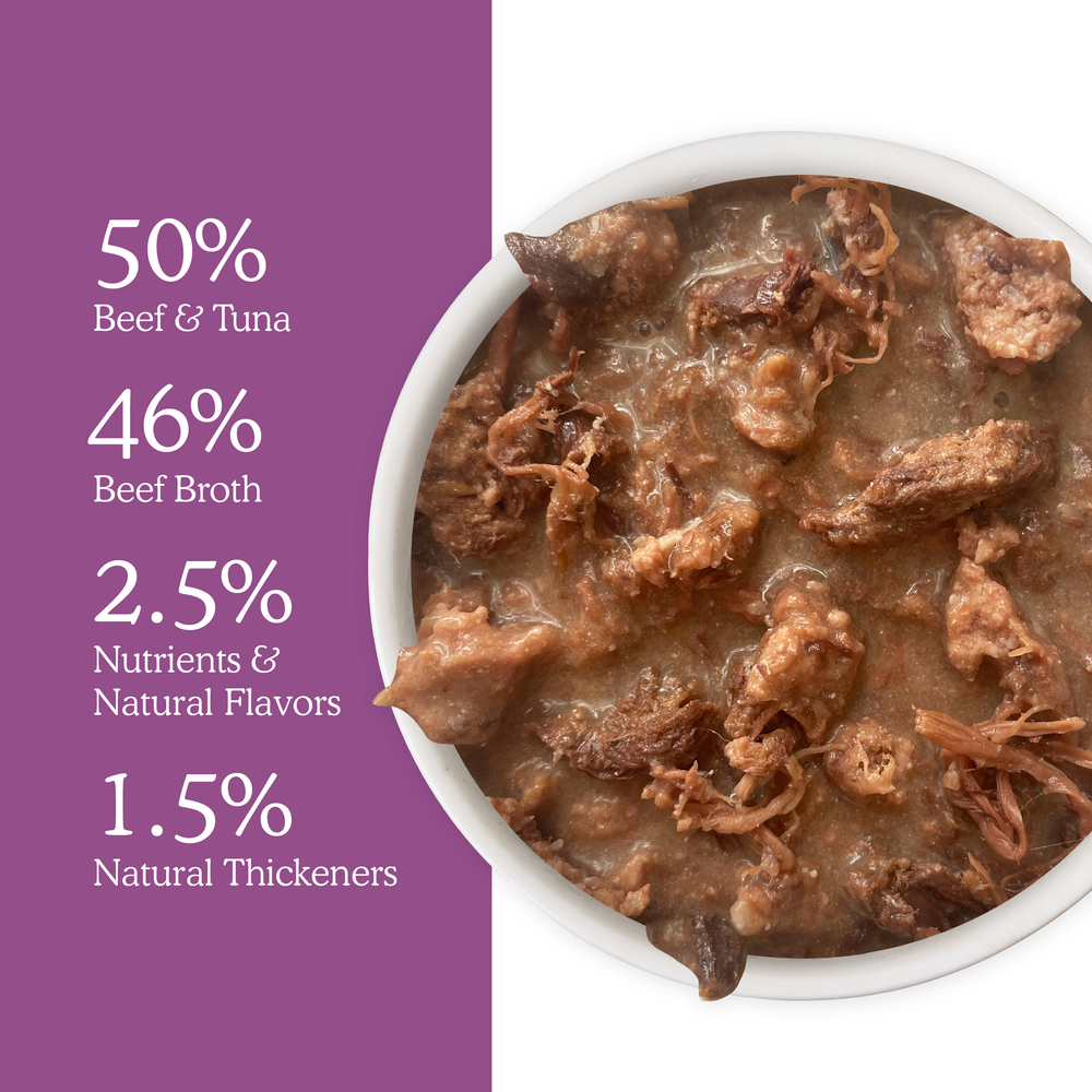 A bowl of Beef & Tuna Shreds in Broth cat food in moisture-rich broth next to text listing ingredients: 50% Beef & Tuna, 46% Beef Broth, 2.5% Nutrients & Natural Flavors, and 1.5% Natural Thickeners.