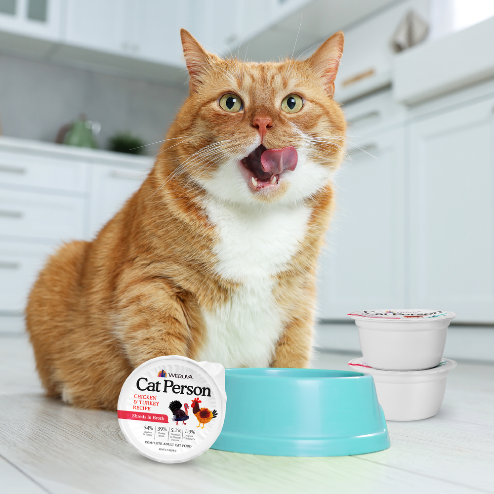 An orange cat licks its lips next to a light blue bowl and stacks of Cat Person Beef & Tuna Shreds in Broth cups.