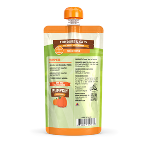 A Weruva Puréed Pumpkin Supplement squeeze pouch for digestive support, featuring nutritional information, feeding instructions, and a pumpkin illustration printed on the label.