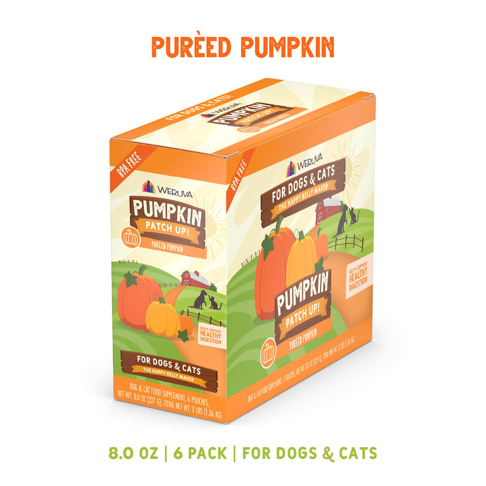 A six-pack box of Weruva Puréed Pumpkin Supplement for digestive support, featuring illustrations of pumpkins and a farm scene.