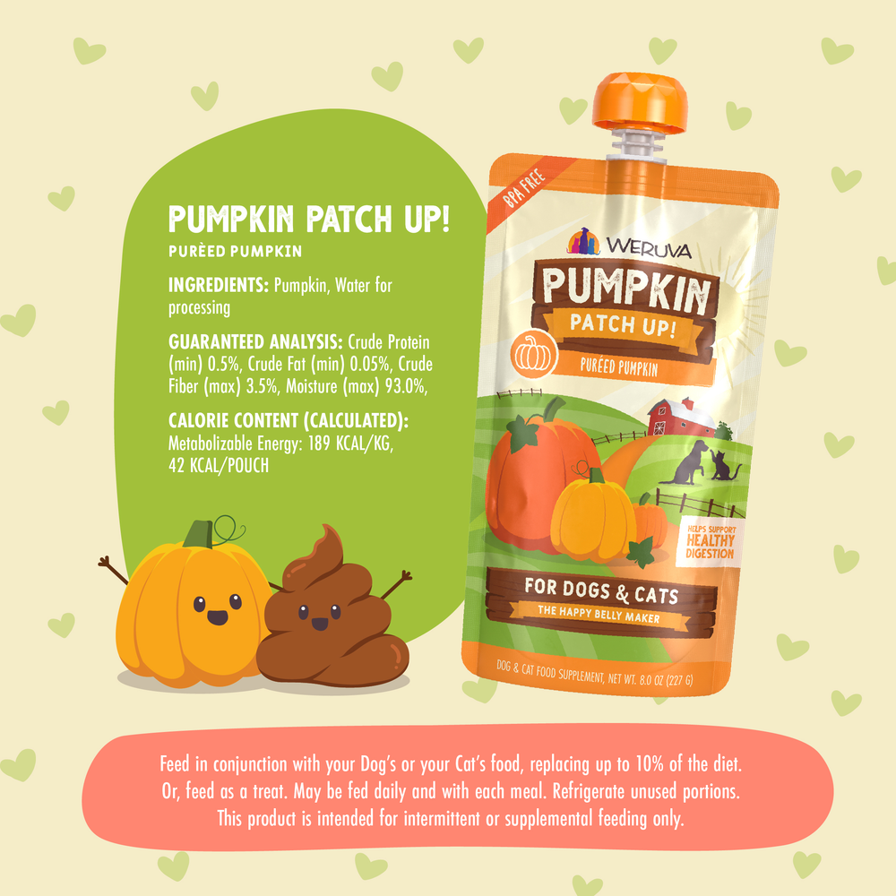 A pouch of Weruva Puréed Pumpkin Supplement for digestive support next to a cartoon pumpkin and a cartoon poop character, with a text overlay detailing ingredients, nutritional analysis, and feeding instructions.