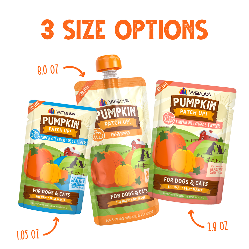Three pouches of Weruva Puréed Pumpkin Supplement digestive support for dogs and cats in 1.05-ounce, 8-ounce, and 2.8-ounce sizes.
