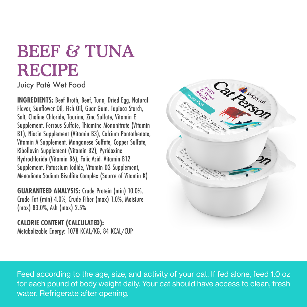 Two stacked containers of Beef & Tuna Juicy Paté cat food displayed beside a list of ingredients, guaranteed analysis, and feeding instructions for adult cat nutrition.