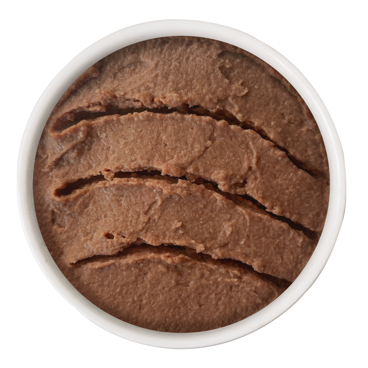 A white circular bowl filled with Cat Person Beef & Tuna Juicy Paté, a smooth, brown protein cat food textured with horizontal ridges.