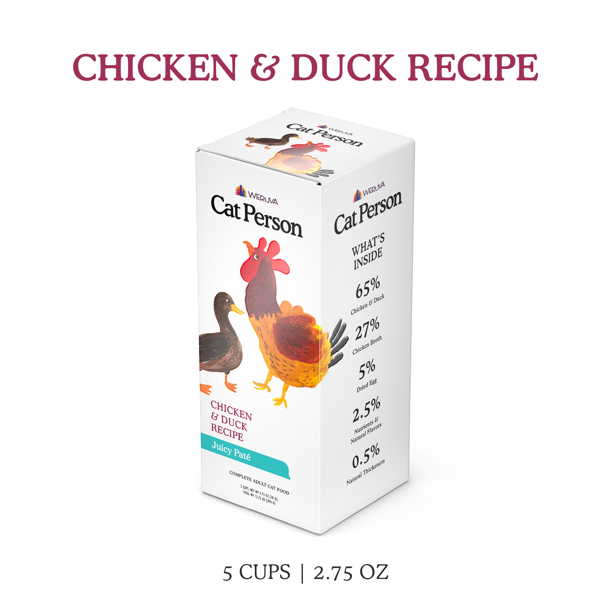 A carton of Cat Person Chicken & Duck Juicy Paté cat food featuring illustrations of the animals, with a nutritional breakdown listed on the side panel to highlight balanced nutrition.