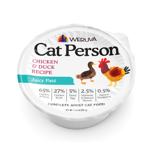 A round container of Cat Person Chicken & Duck Juicy Paté featuring illustrations of a duck and a chicken, with a breakdown of ingredients including 65% high-quality protein from chicken and duck.