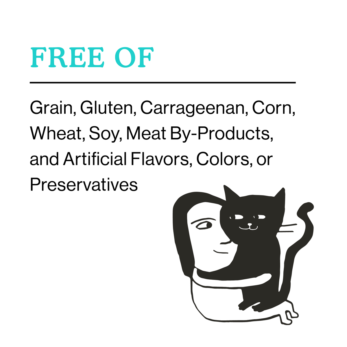 Cat Person Salmon & Mackerel Juicy Paté label listing grain, gluten, and soy-free ingredients next to an illustration of a person hugging a black cat.
