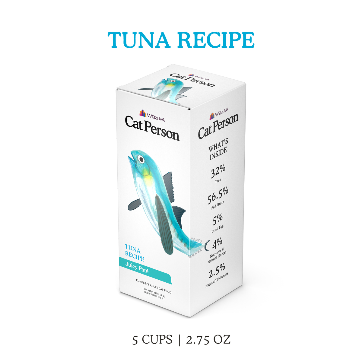 A box of Cat Person Tuna Juicy Paté featuring an illustration of a fish on the front and a breakdown of high-quality protein ingredients on the side.