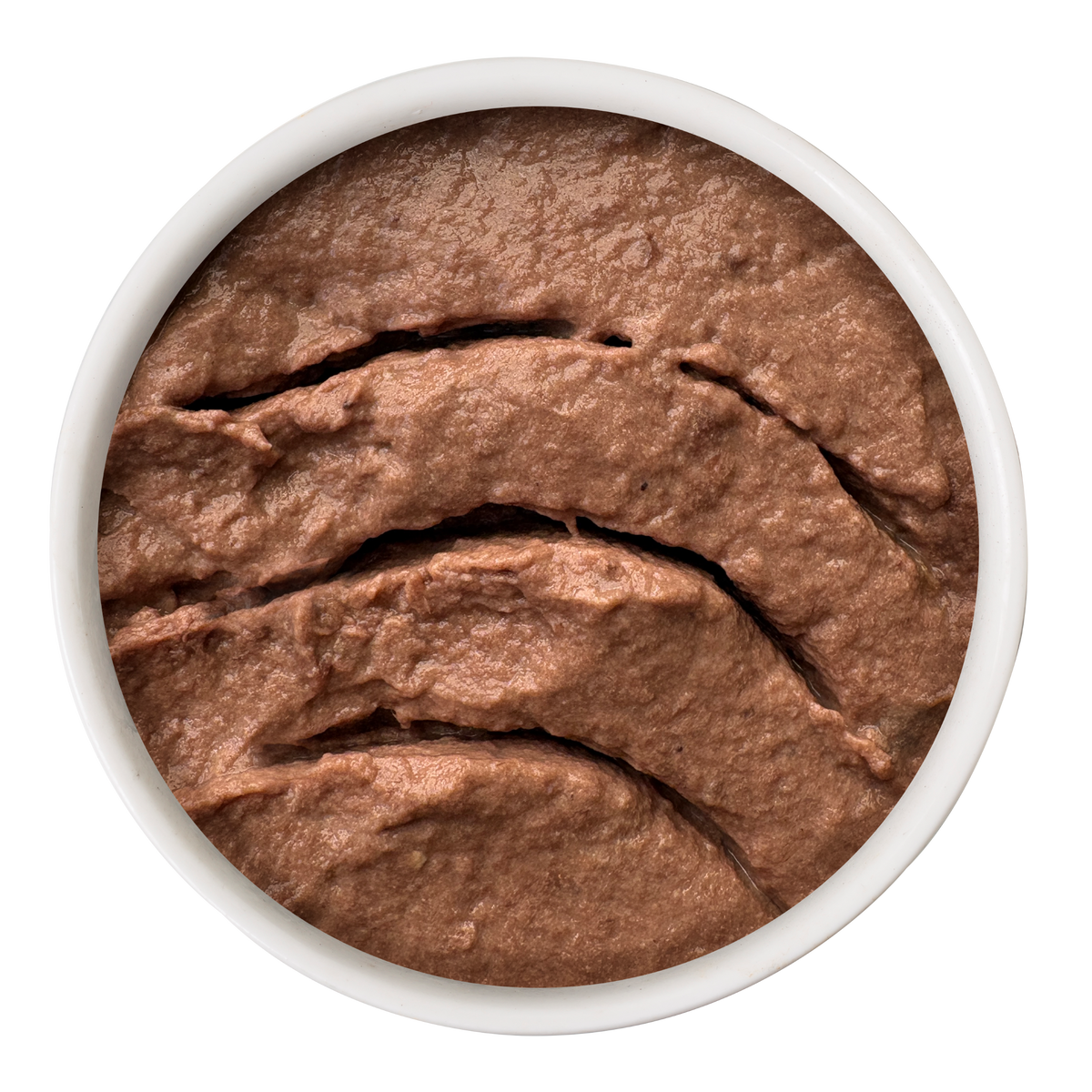 Top-down view of a round container filled with brown, textured Cat Person Tuna Juicy Paté cat food.