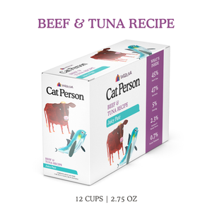 A rectangular box of Cat Person Beef & Tuna Juicy Paté cat food featuring illustrations of a cow and a tuna fish, with a breakdown of ingredients listed on the side panel.