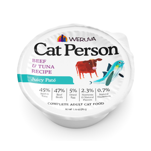 A single-serving cup of Cat Person Beef & Tuna Juicy Paté featuring illustrations of a cow and a tuna fish, with a breakdown of ingredients and percentages printed on the lid for adult cat nutrition.